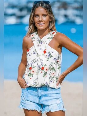 Floral Crossover High Neck Tank Top - White red blue green purple pink Large